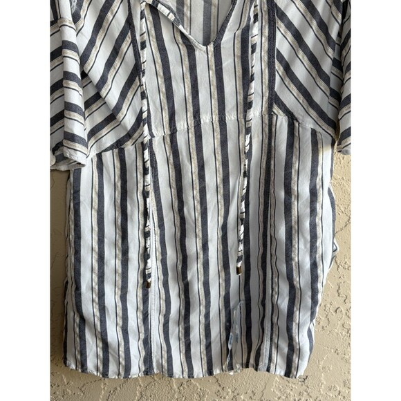 Blue Island Beach Boho Bell Sleeve Striped Blouse Woman’s Medium White/Navy/Gold - Picture 10 of 11